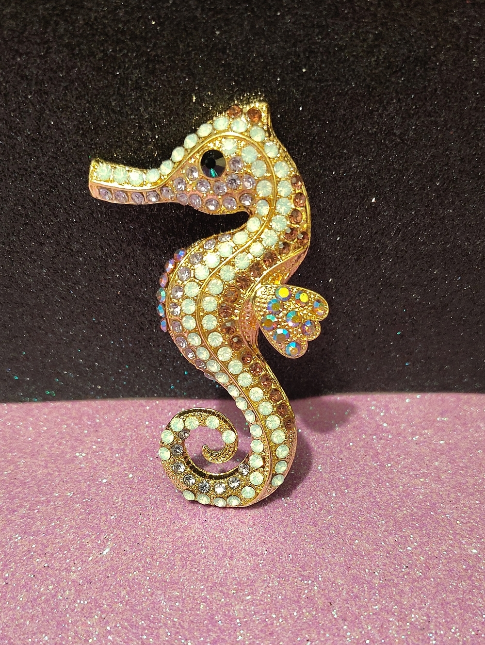 Vintage Style Pink & Multi Colored Rhinestone Seahorse Brooch - 3 1/2" Size